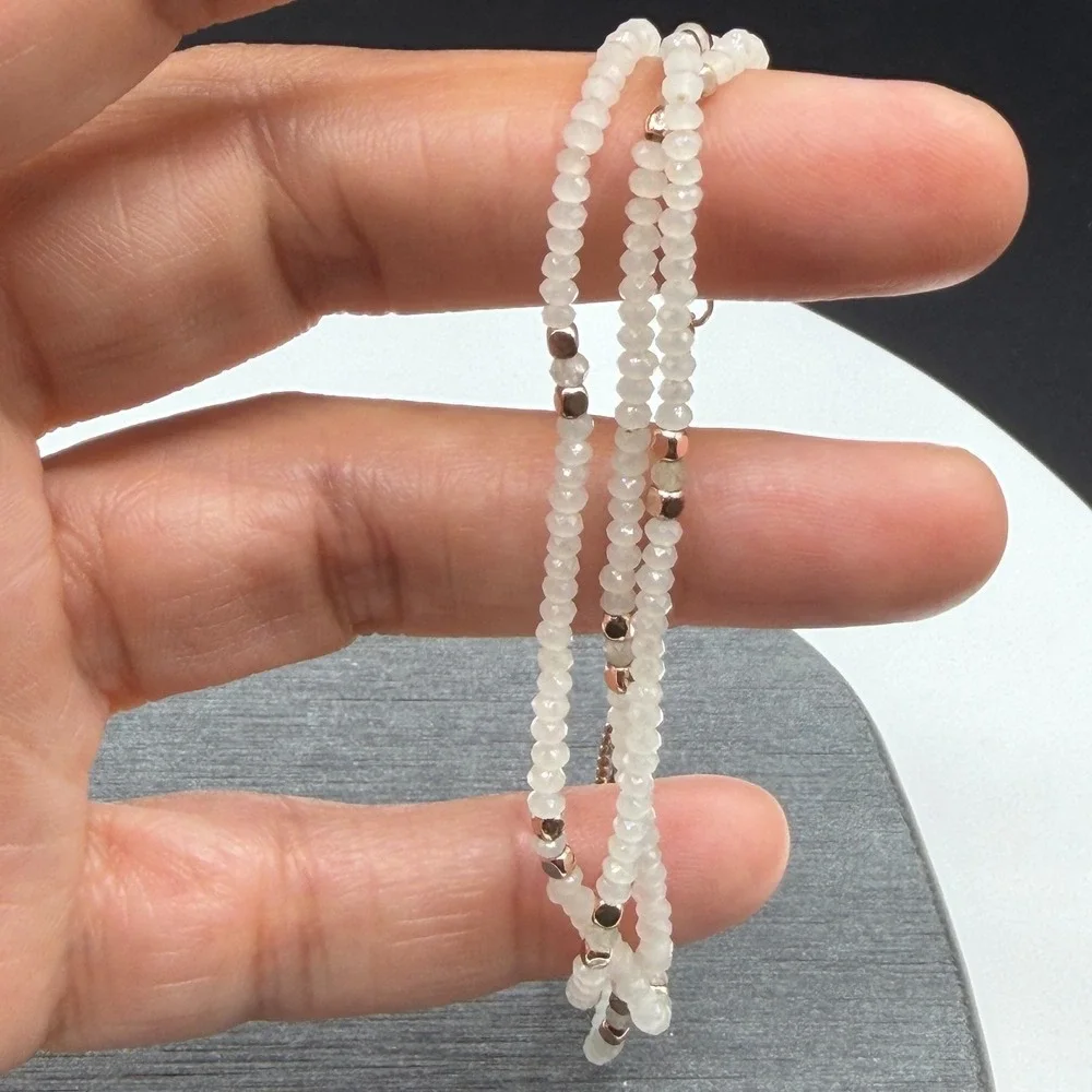 White Faceted Bead 3 Strand Bracelet Rose Gold Tone Adjustable Bolo Slider Gift